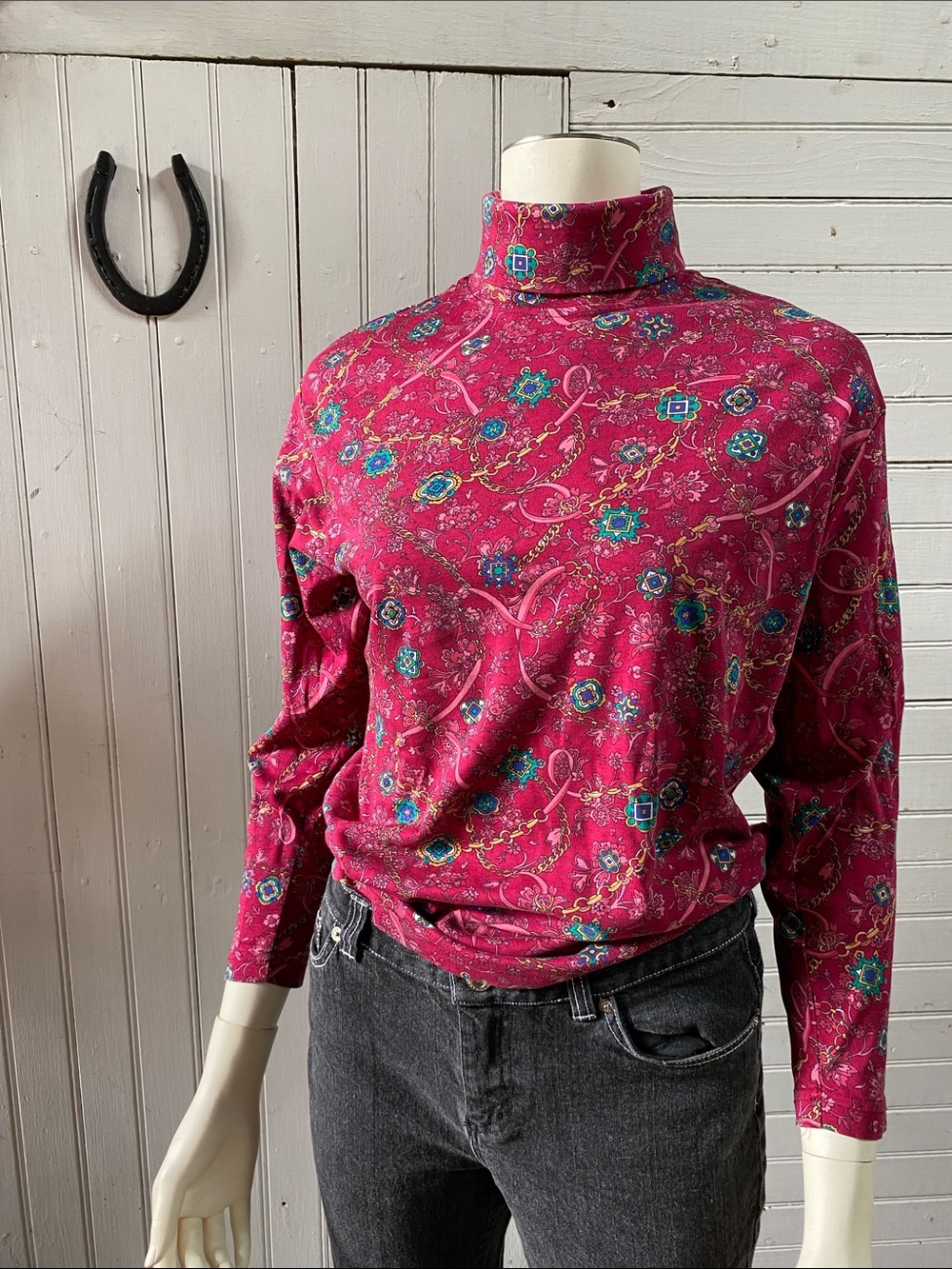 Vintage Hunt Club Fuchsia Paisley Mock Neck Long Sleeve Top